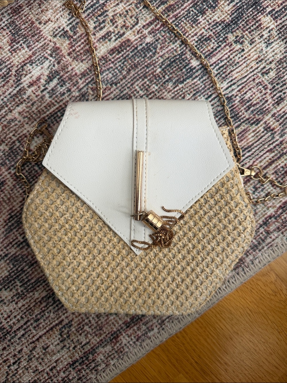 Women's White & Natural Straw Crossbody Bag with Gold Chain